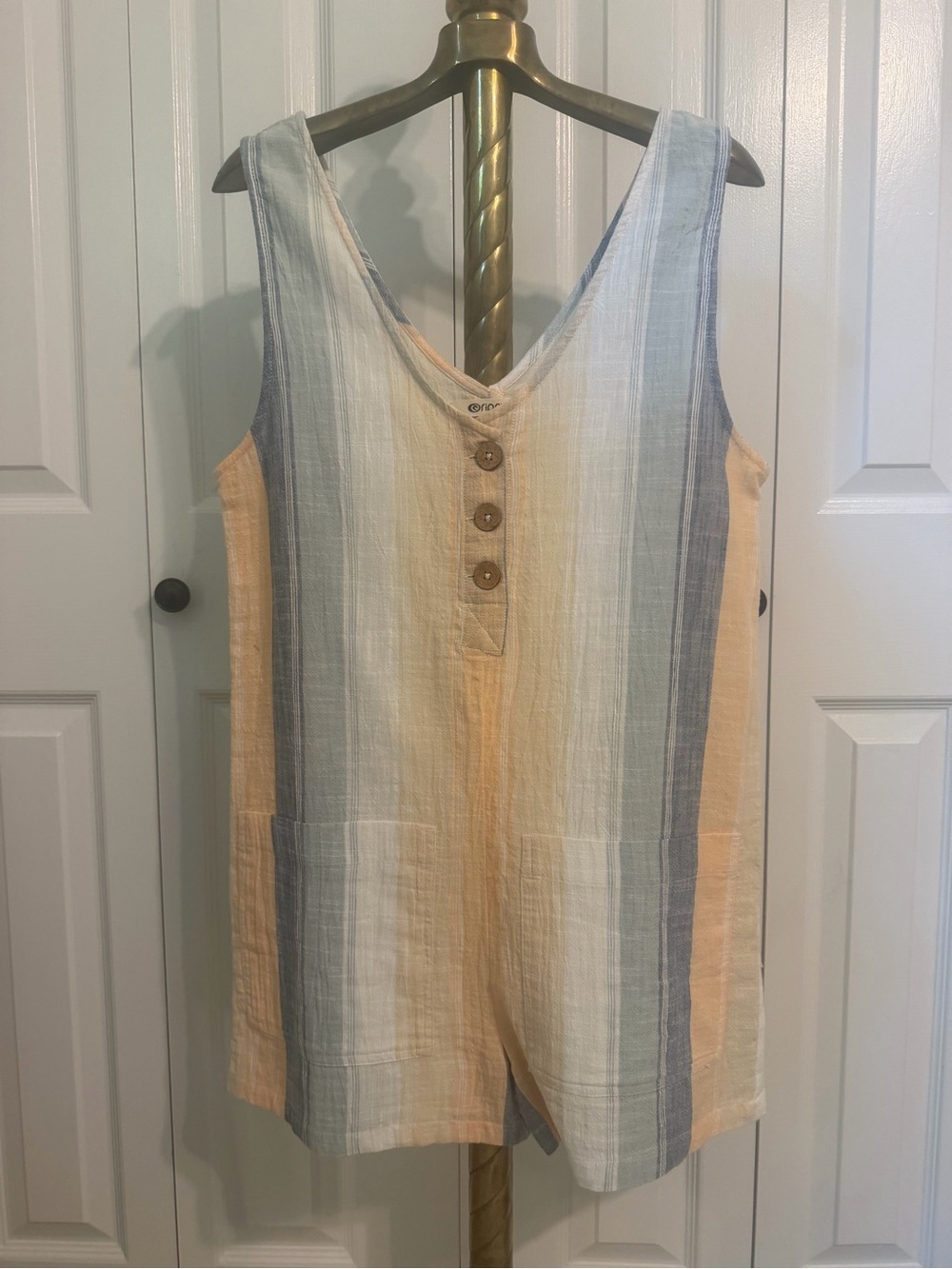 Rip Curl vertical stripe woven romper, multicolored pastel
